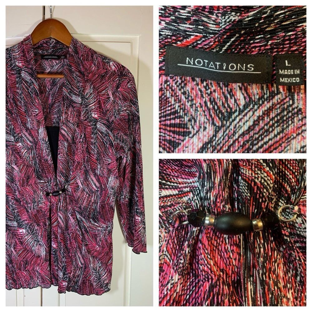 Notations Whimsigoth Top Womens Large Black Pink Beaded Stretch Office Church